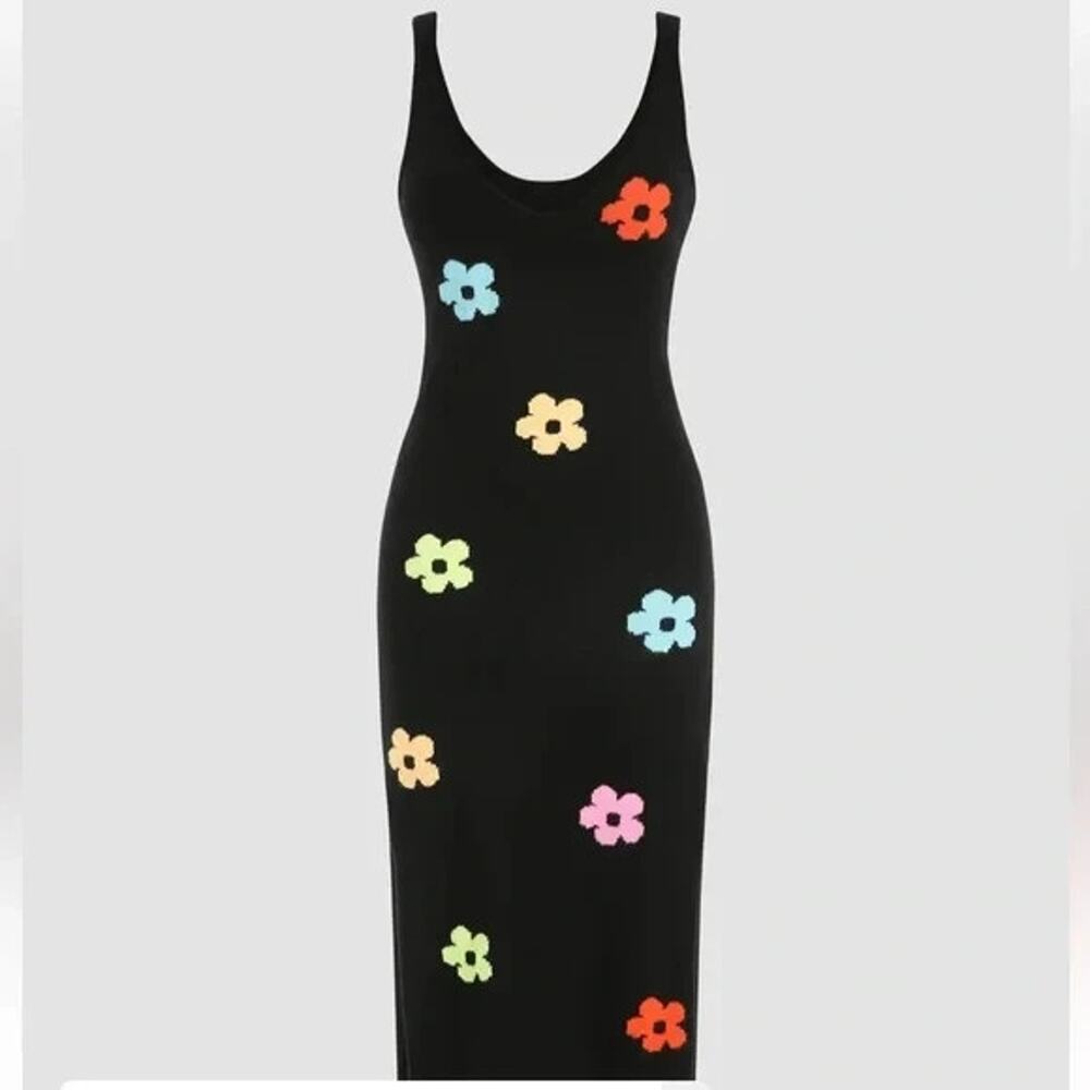 Cider Knit Floral Midi Sweater Dress Sz Small Sleeveless V-Neck Side Slits